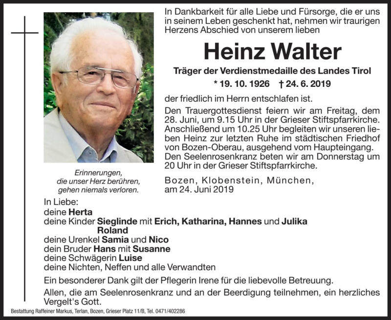  Traueranzeige für Heinz Walter vom 26.06.2019 aus Dolomiten