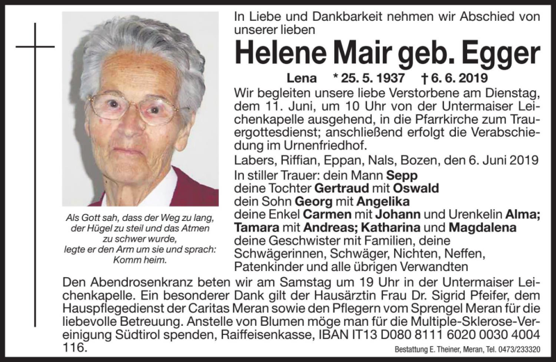  Traueranzeige für Helene Mair vom 08.06.2019 aus Dolomiten