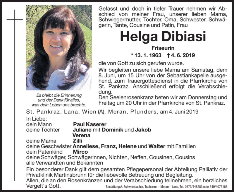  Traueranzeige für Helga Dibiasi vom 06.06.2019 aus Dolomiten