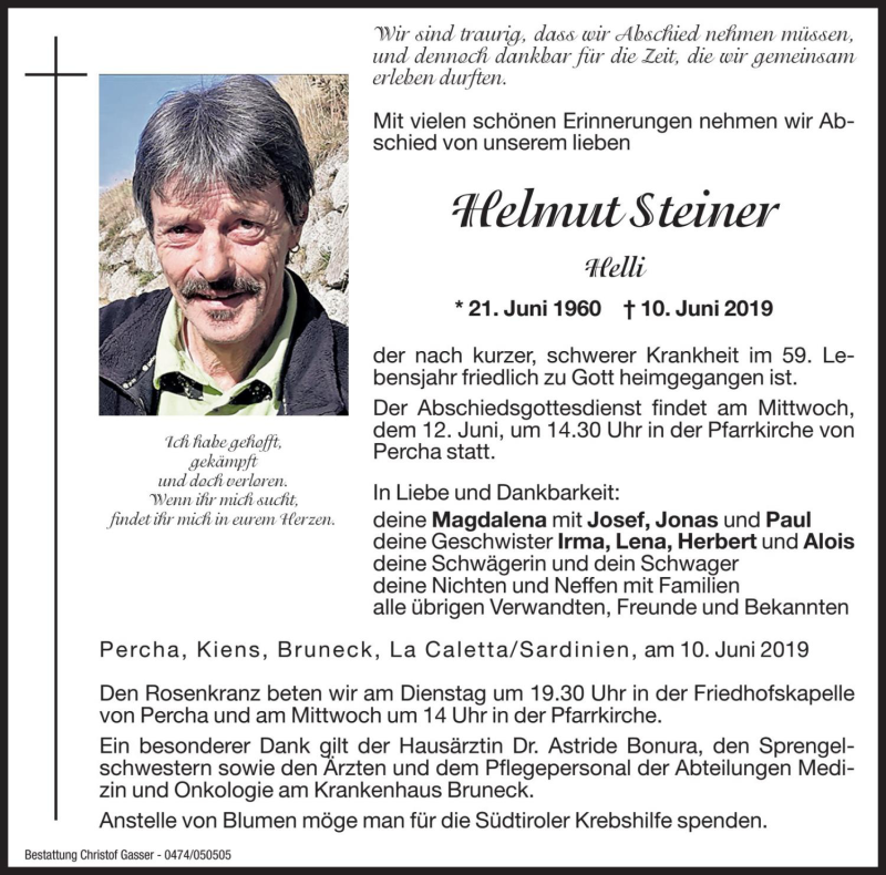  Traueranzeige für Helmut Steiner vom 11.06.2019 aus Dolomiten