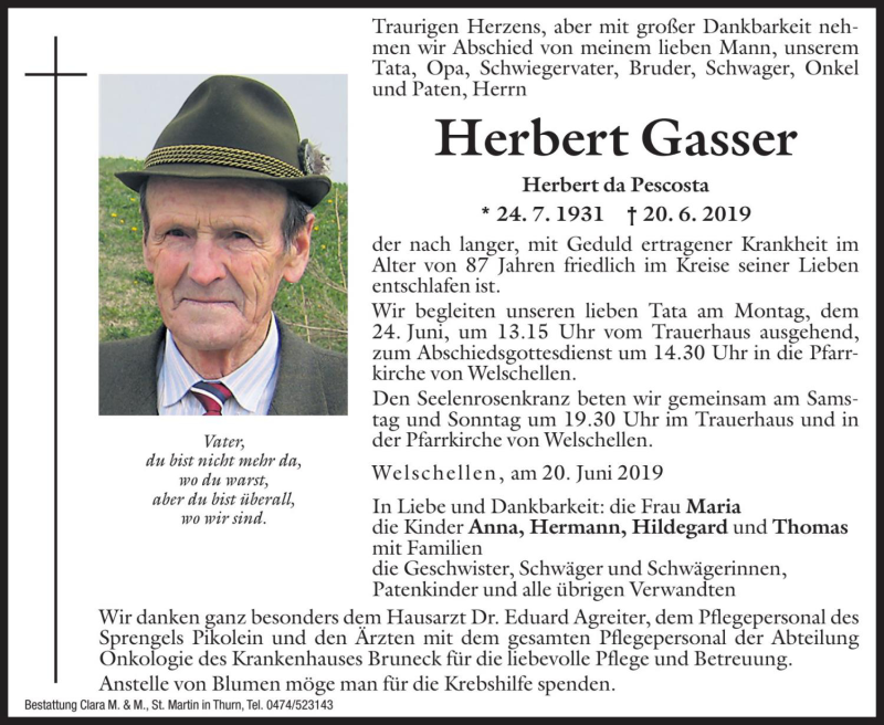  Traueranzeige für Herbert Gasser vom 22.06.2019 aus Dolomiten