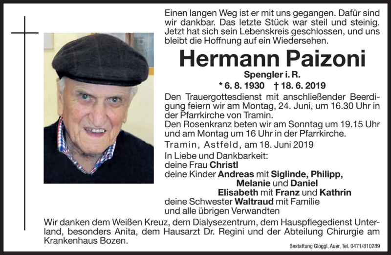  Traueranzeige für Hermann Paizoni  vom 20.06.2019 aus Dolomiten