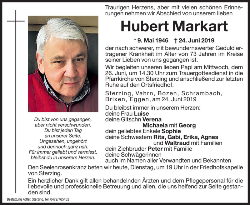  Traueranzeige für Hubert Markart vom 25.06.2019 aus Dolomiten