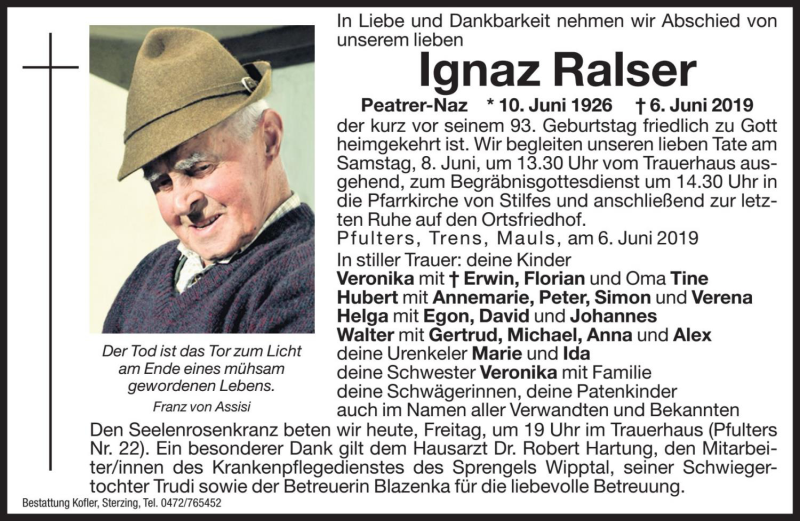  Traueranzeige für Ignaz Ralser vom 07.06.2019 aus Dolomiten
