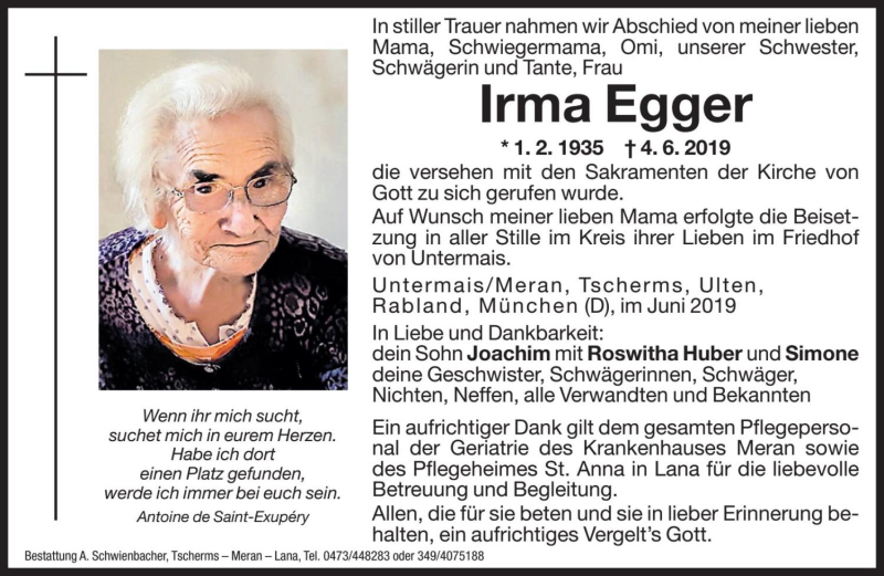  Traueranzeige für Irma Egger vom 14.06.2019 aus Dolomiten