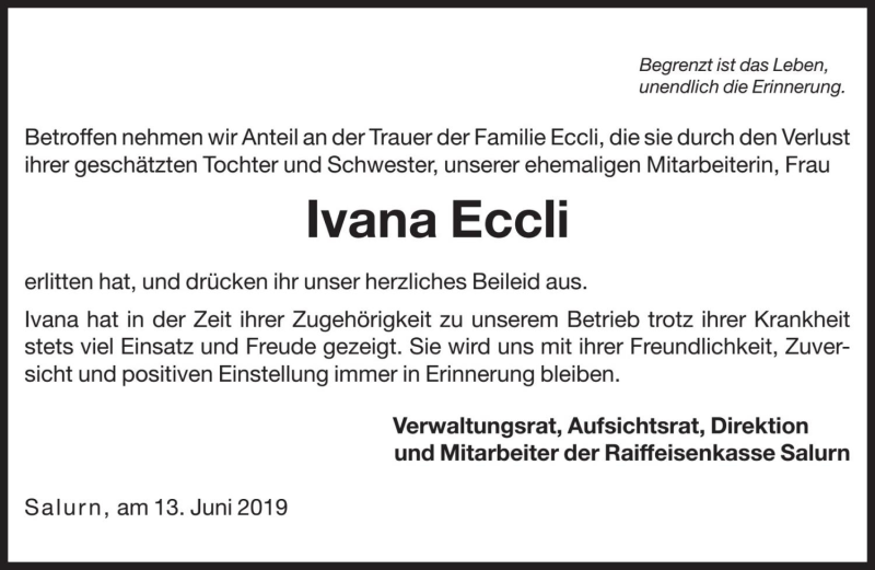  Traueranzeige für Ivana Eccli vom 13.06.2019 aus Dolomiten