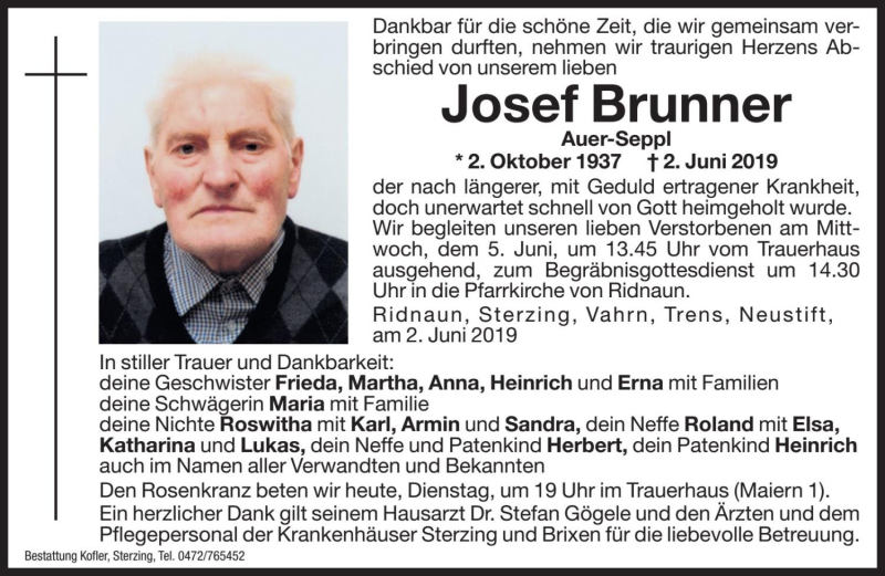  Traueranzeige für Josef Brunner vom 04.06.2019 aus Dolomiten