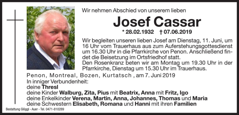  Traueranzeige für Josef Cassar vom 09.06.2019 aus Dolomiten