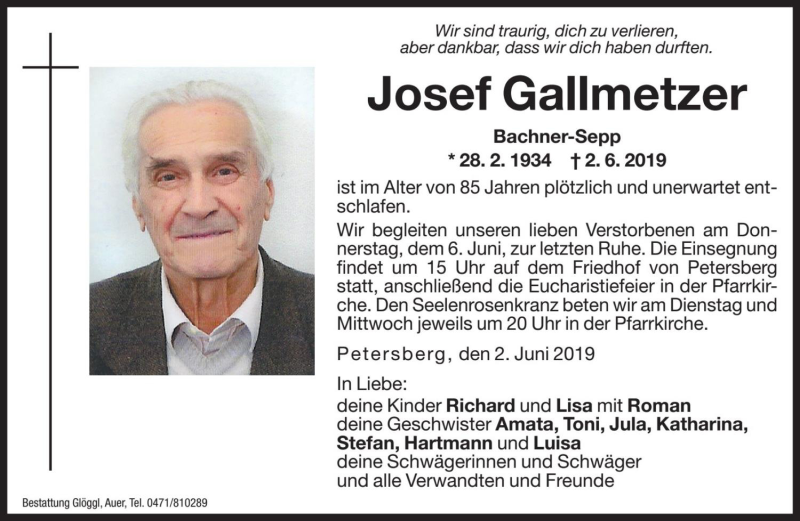  Traueranzeige für Josef Gallmetzer vom 04.06.2019 aus Dolomiten