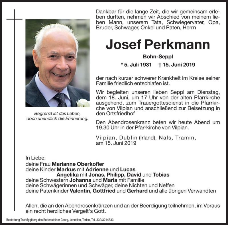  Traueranzeige für Josef Perkmann vom 17.06.2019 aus Dolomiten