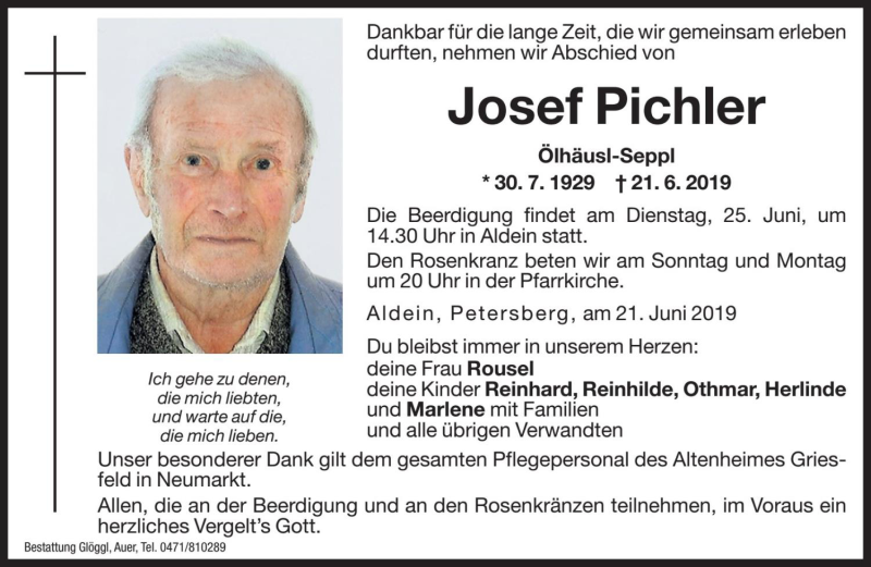  Traueranzeige für Josef Pichler vom 22.06.2019 aus Dolomiten
