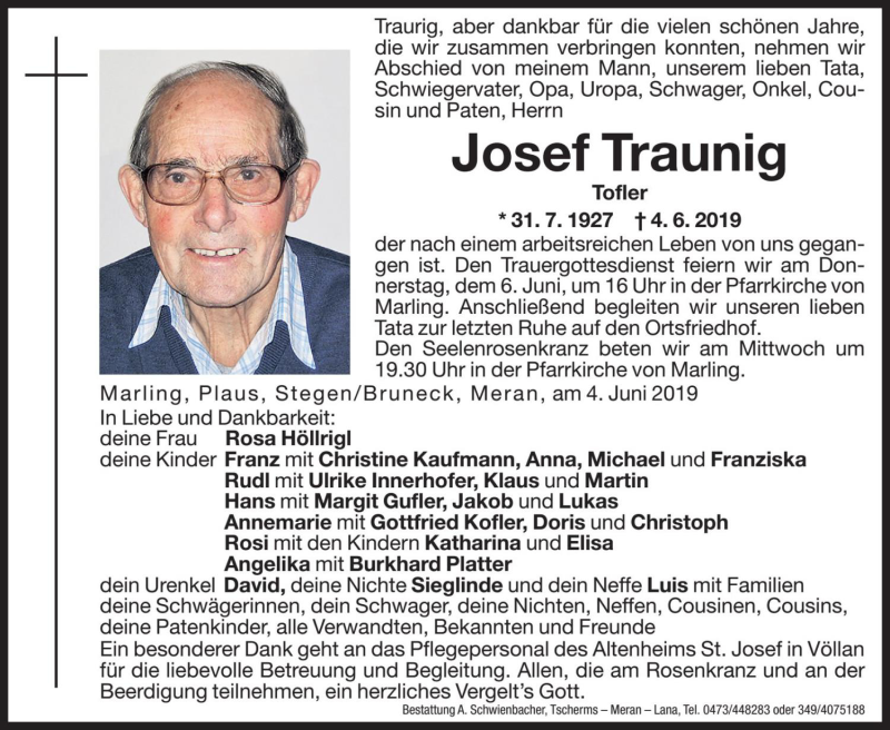  Traueranzeige für Josef Traunig vom 05.06.2019 aus Dolomiten