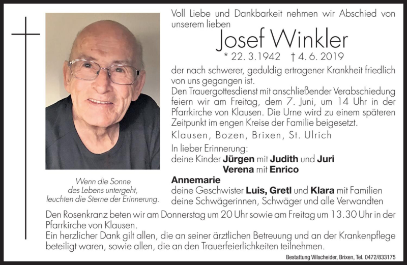  Traueranzeige für Josef Winkler vom 06.06.2019 aus Dolomiten