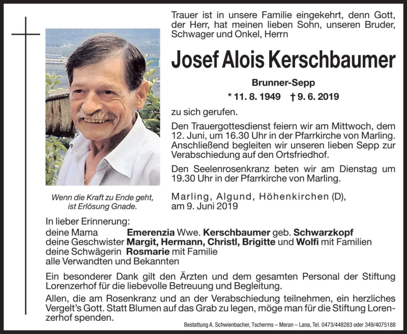  Traueranzeige für Josef Alois Kerschbaumer vom 11.06.2019 aus Dolomiten