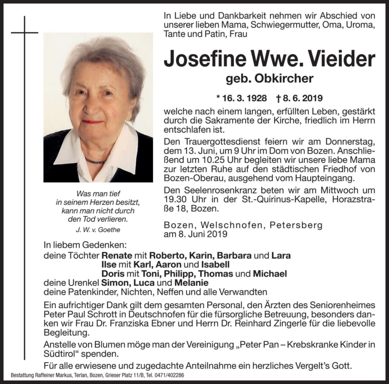  Traueranzeige für Josefine Vieider vom 11.06.2019 aus Dolomiten