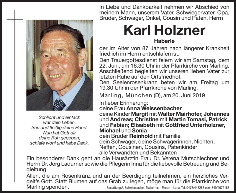  Traueranzeige für Karl Holzner vom 21.06.2019 aus Dolomiten