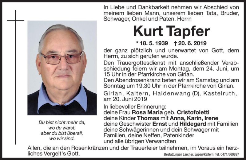  Traueranzeige für Kurt Tapfer vom 21.06.2019 aus Dolomiten