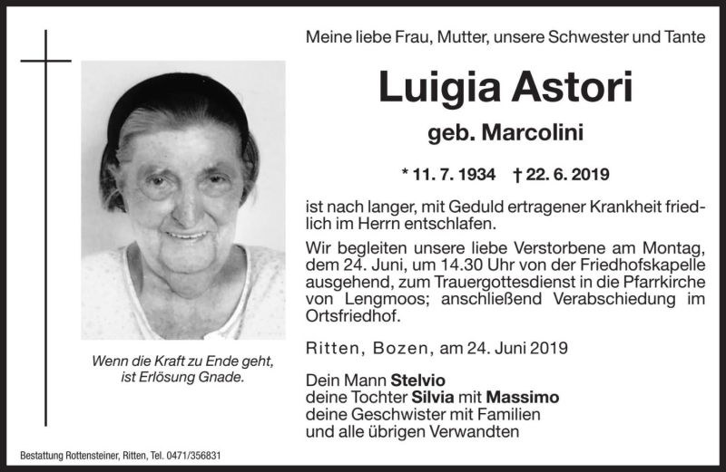  Traueranzeige für Luigia Astori vom 24.06.2019 aus Dolomiten