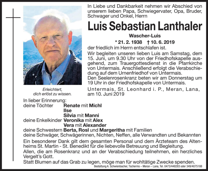  Traueranzeige für Luis Sebastian Lanthaler vom 12.06.2019 aus Dolomiten