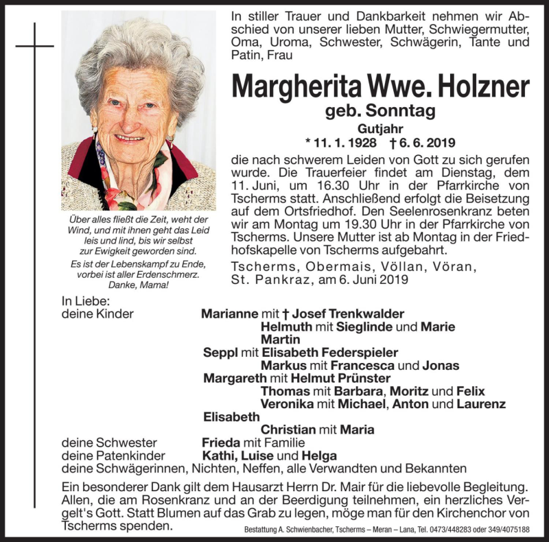  Traueranzeige für Margherita Holzner vom 08.06.2019 aus Dolomiten