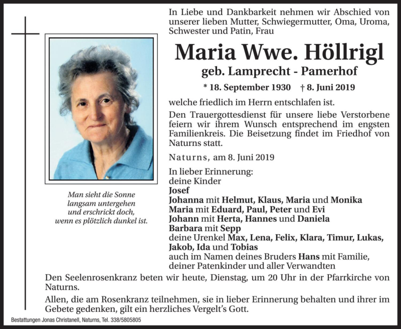  Traueranzeige für Maria Höllrigl vom 11.06.2019 aus Dolomiten