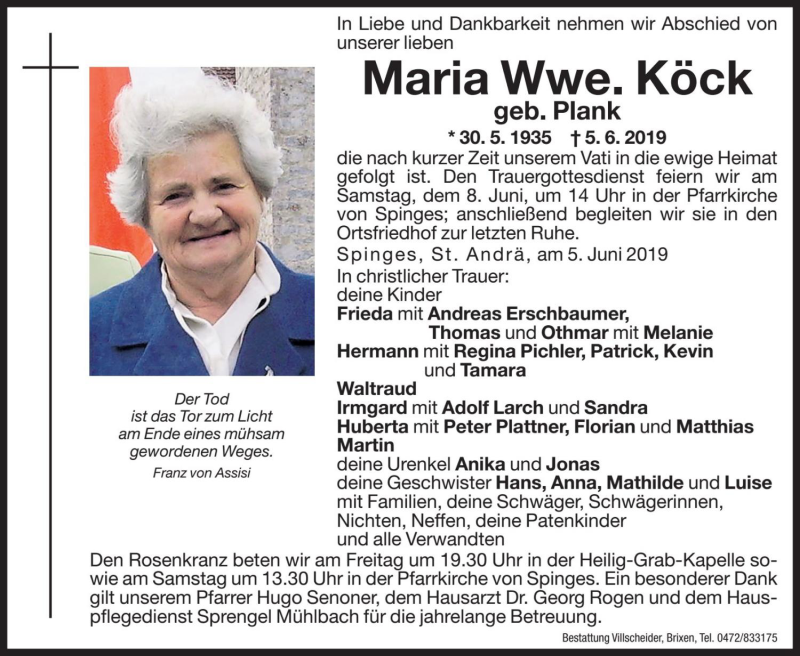  Traueranzeige für Maria Köck vom 07.06.2019 aus Dolomiten