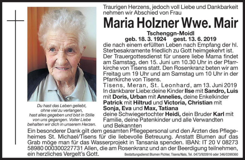  Traueranzeige für Maria Mair vom 14.06.2019 aus Dolomiten