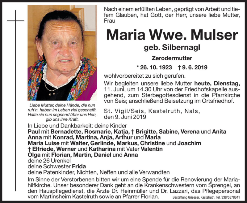  Traueranzeige für Maria Mulser vom 11.06.2019 aus Dolomiten