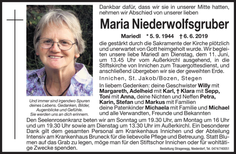  Traueranzeige für Maria Niederwolfsgruber vom 08.06.2019 aus Dolomiten
