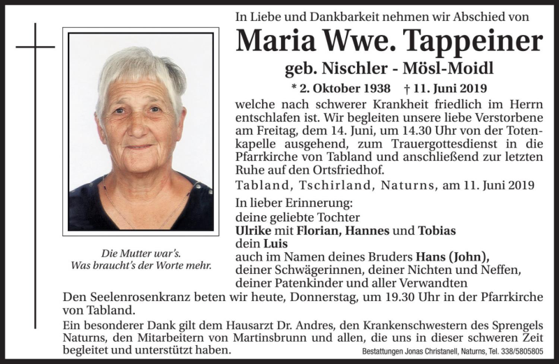  Traueranzeige für Maria Tappeiner vom 13.06.2019 aus Dolomiten