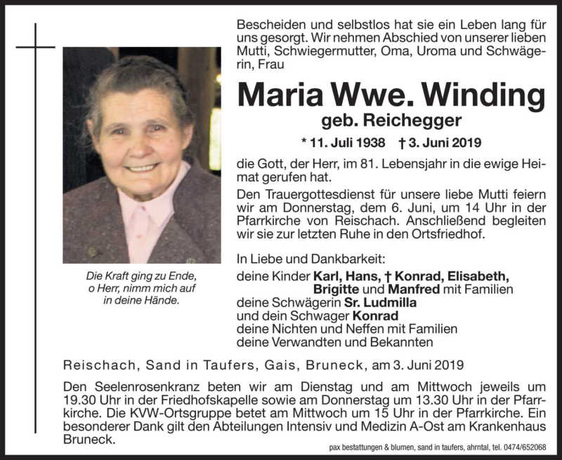  Traueranzeige für Maria Winding vom 04.06.2019 aus Dolomiten
