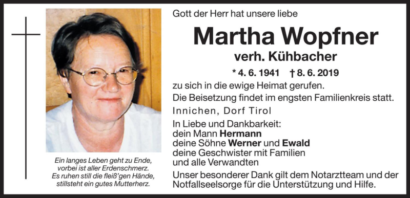  Traueranzeige für Martha Kühbacher vom 11.06.2019 aus Dolomiten
