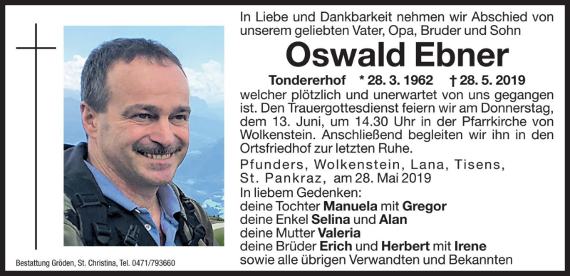  Traueranzeige für Oswald Ebner vom 12.06.2019 aus Dolomiten
