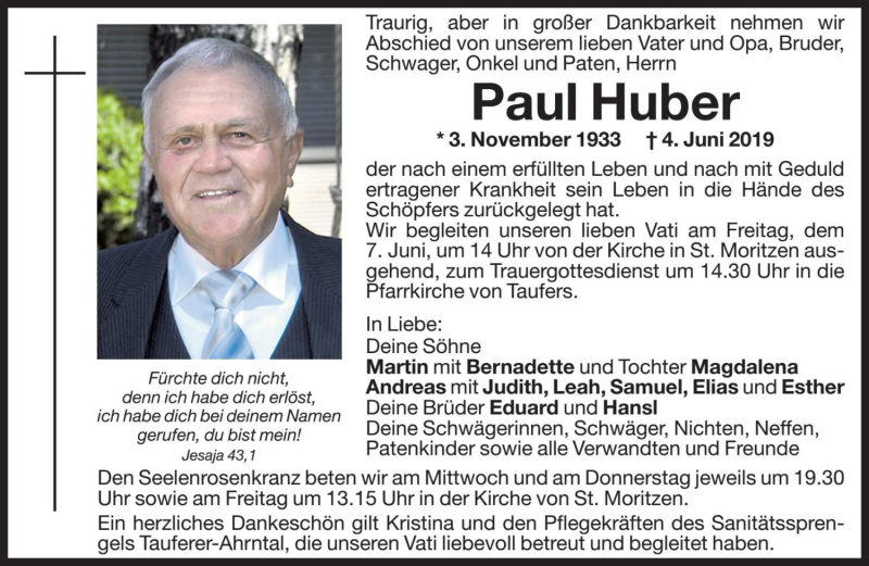  Traueranzeige für Paul Huber vom 05.06.2019 aus Dolomiten