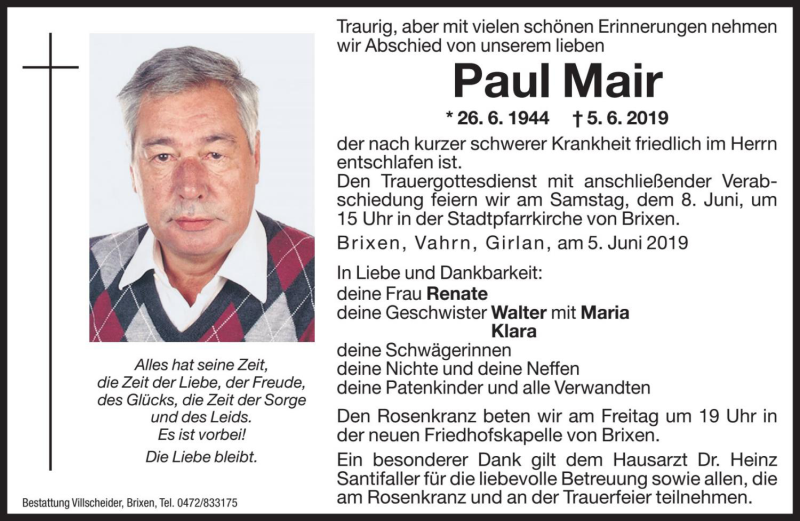  Traueranzeige für Paul Mair vom 07.06.2019 aus Dolomiten