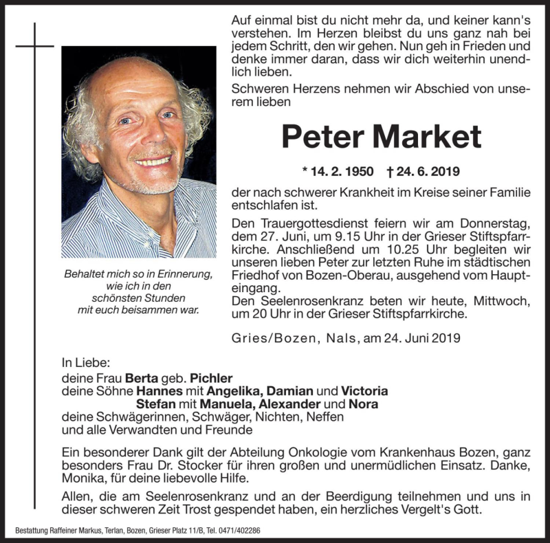  Traueranzeige für Peter Market vom 26.06.2019 aus Dolomiten