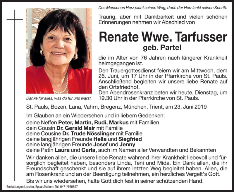  Traueranzeige für Renate Tarfusser vom 25.06.2019 aus Dolomiten