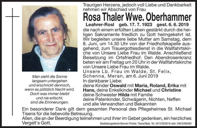  Traueranzeige für Rosa Oberhammer vom 07.06.2019 aus Dolomiten