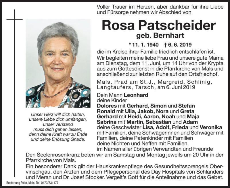  Traueranzeige für Rosa Patscheider vom 08.06.2019 aus Dolomiten
