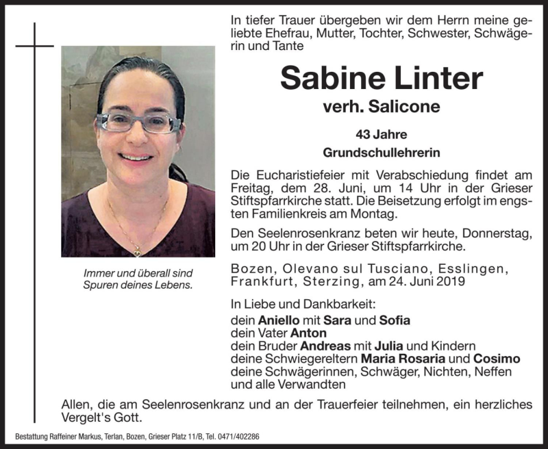  Traueranzeige für Sabine Salicone vom 27.06.2019 aus Dolomiten