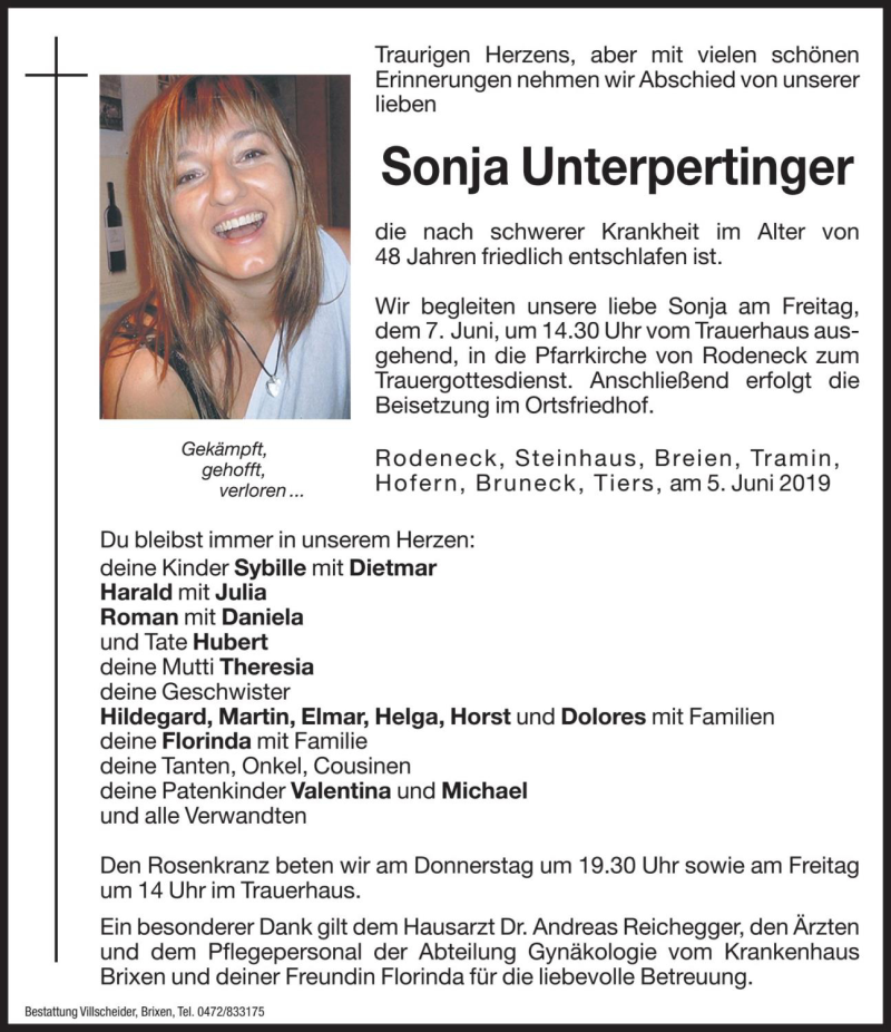  Traueranzeige für Sonja Unterpertinger vom 06.06.2019 aus Dolomiten