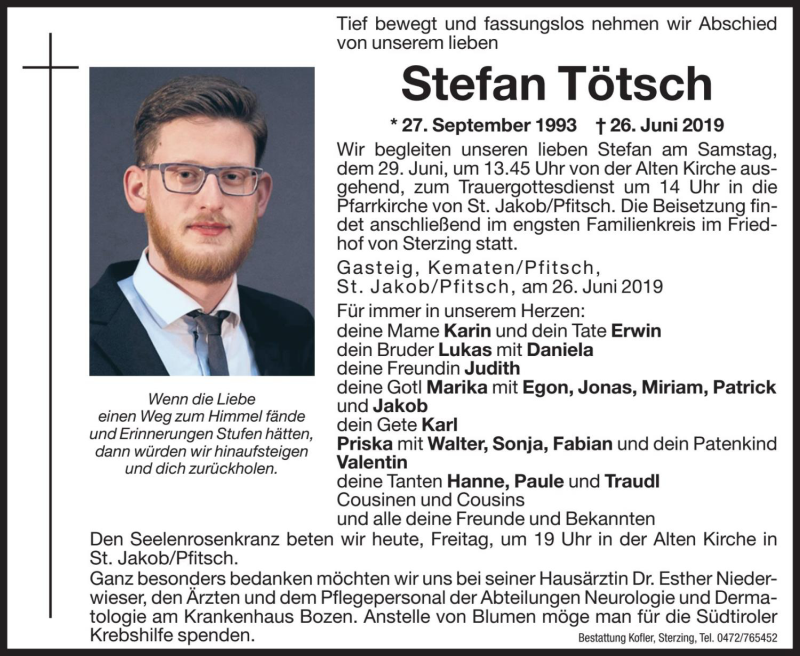  Traueranzeige für Stefan Tötsch vom 28.06.2019 aus Dolomiten
