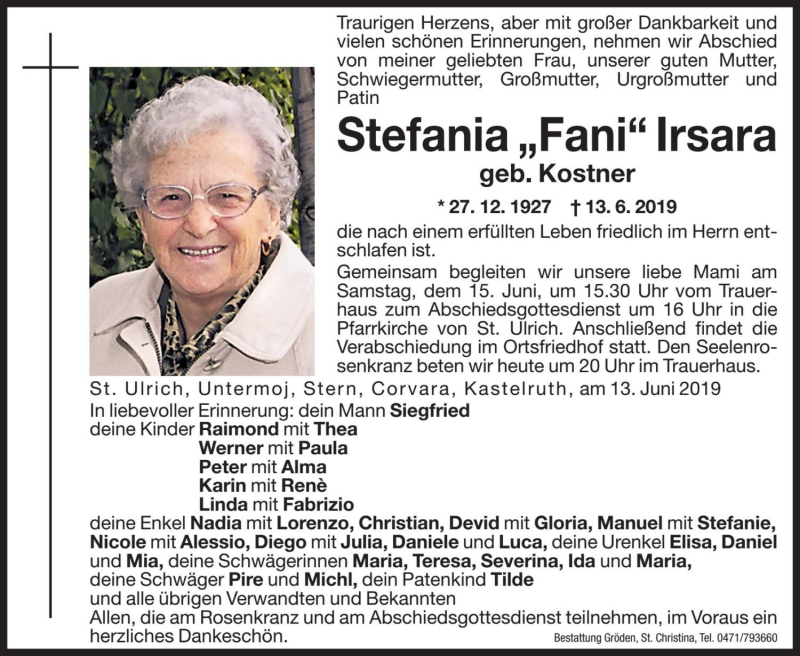  Traueranzeige für Stefania Irsara vom 14.06.2019 aus Dolomiten