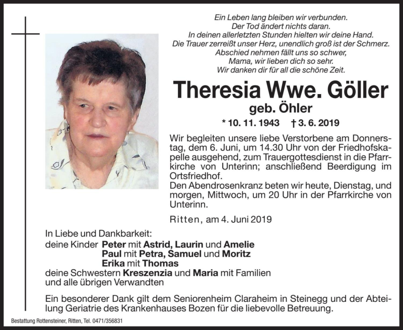  Traueranzeige für Theresia Göller vom 04.06.2019 aus Dolomiten
