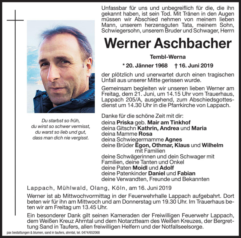  Traueranzeige für Werner Aschbacher vom 19.06.2019 aus Dolomiten