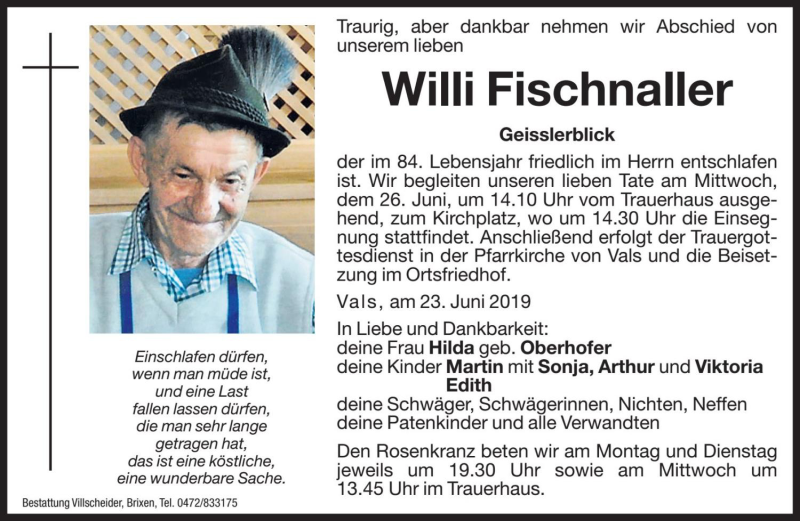  Traueranzeige für Willi Fischnaller vom 24.06.2019 aus Dolomiten