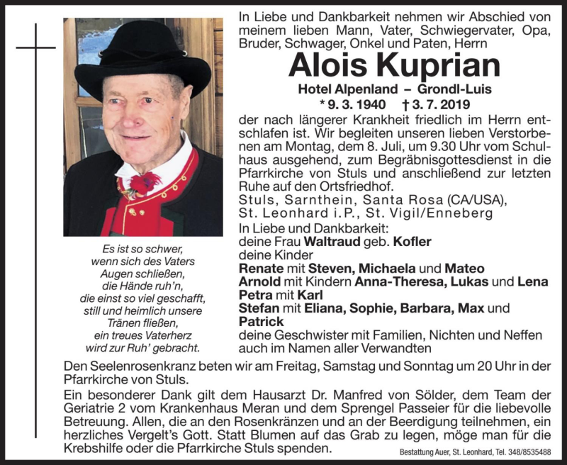  Traueranzeige für Alois Kuprian vom 05.07.2019 aus Dolomiten