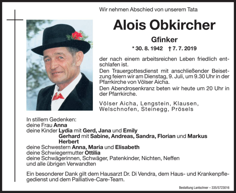  Traueranzeige für Alois Obkircher vom 08.07.2019 aus Dolomiten