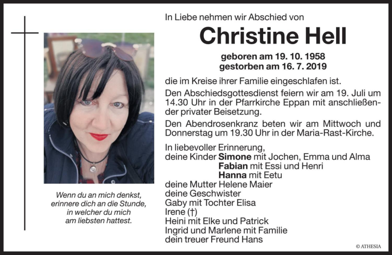  Traueranzeige für Christine Hell vom 17.07.2019 aus Dolomiten