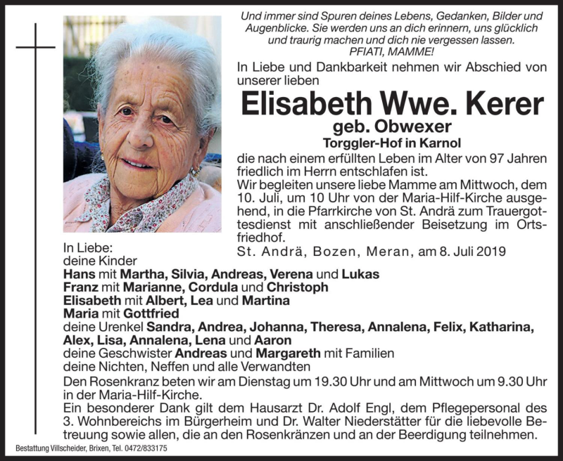  Traueranzeige für Elisabeth Kerer vom 09.07.2019 aus Dolomiten